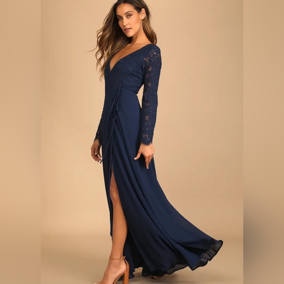 Lulus NWT Maxi Wrap Dress Utterly In Love Navy Lace Long Sleeve